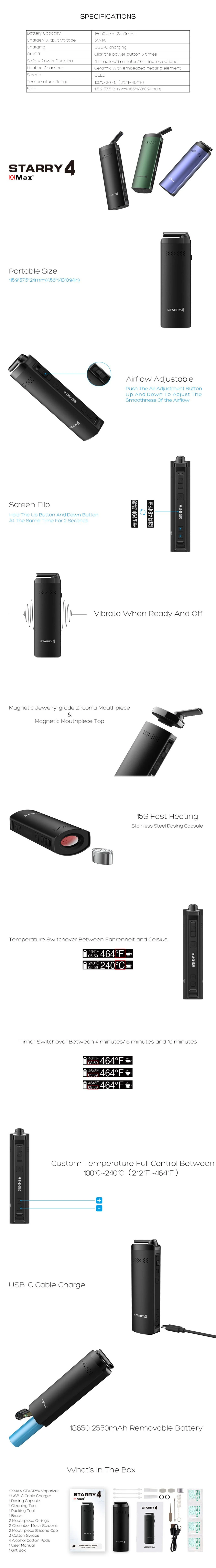 High-Quality Vaporizer Xmax Starry 4 PRO Equipped Removable 18650 2600mAh Battery E Cigarette Vape Pen